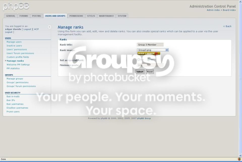 phpBB • Manage Ranks - Set as special rank