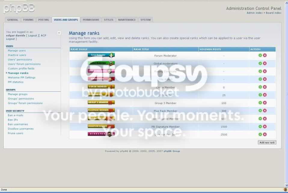 phpBB • Manage Ranks - Set as special rank